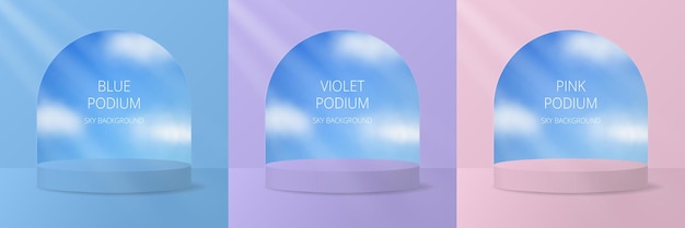Blue purple and pink podiums Set of backgrounds with pedestals and arched windows Niche or alcove