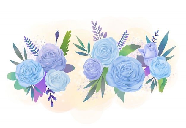 파란색과 보라색 장미 꽃 수채화 그림