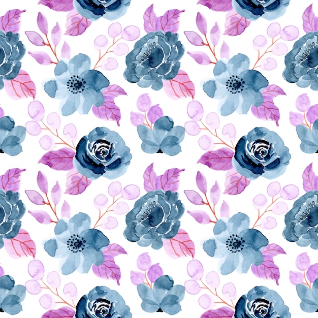 Blue purple seamless pattern with watercolor floral