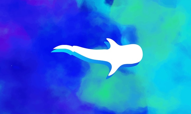 Vettore uno sfondo acquerello blu e viola con uno squalo balena nel mezzo