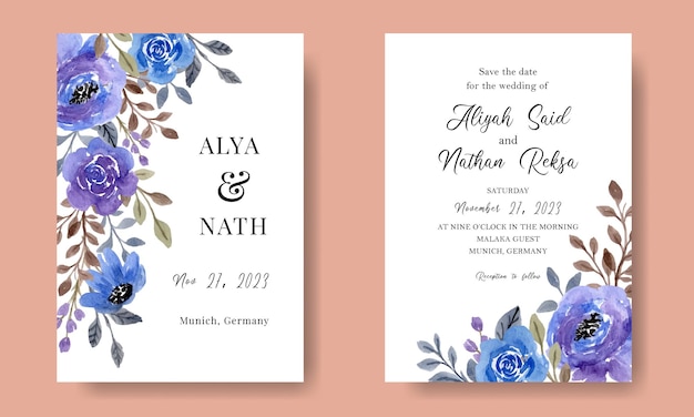 Blue Purple Watercolor Florals Wedding Invitation Card Template