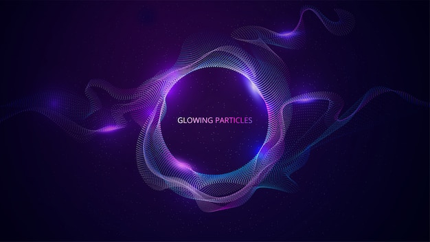 Superficie delle particelle ondulate blu e viola. banner astratto di tecnologia o scienza. illustrazione