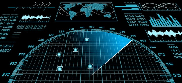 Schermo radar blu con interfaccia utente futuristica hud e mappa del mondo digitale. elementi di progettazione infografica. illustrazione vettoriale.