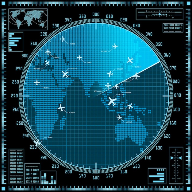 Blue radar screen with planes and world map. Vector EPS10.