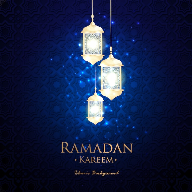 Blue ramadan background islamic with ornament white lantern