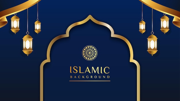 Blue ramadan background with gold line mosque