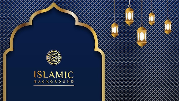 Vettore sfondo blu ramadhan con moschea linea oro