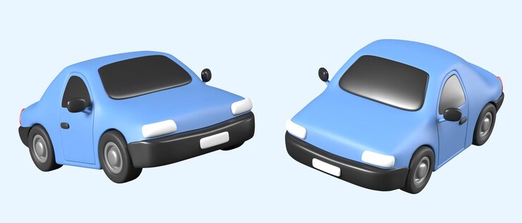Vector blue realistic car in different positions personal vehicle