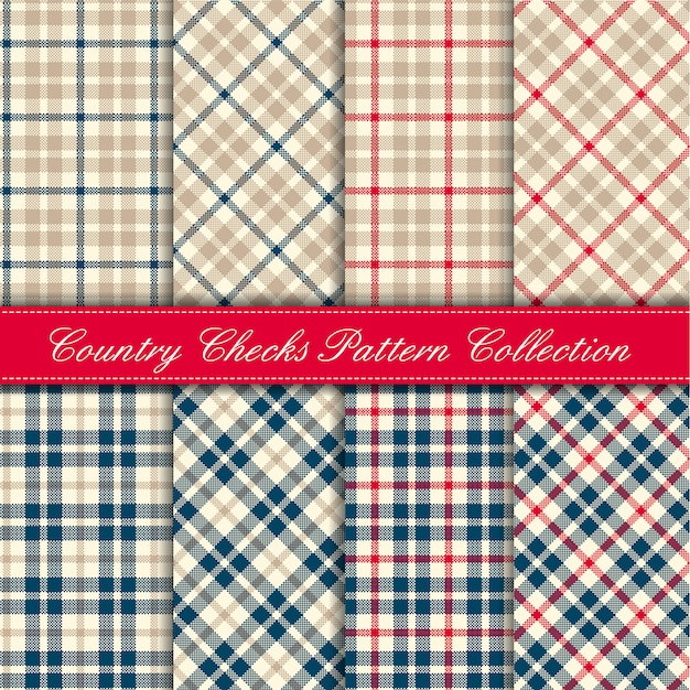 Blue, red and beige country checks pattern collection