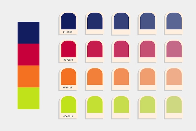 Vector blue red green orange color palette, neon colors catalog, harmonious colour matching, rgb pantone