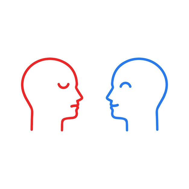 人格極性または人のアイデンティティと双極性障害の白い概念に分離された、正または負のフラット ストローク スタイルのトレンドのモダンなロゴタイプ グラフィック アート デザインのような青と赤の頭