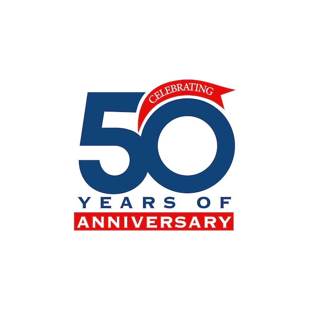 A blue and red logo that says celebrating 50 years of anniversary