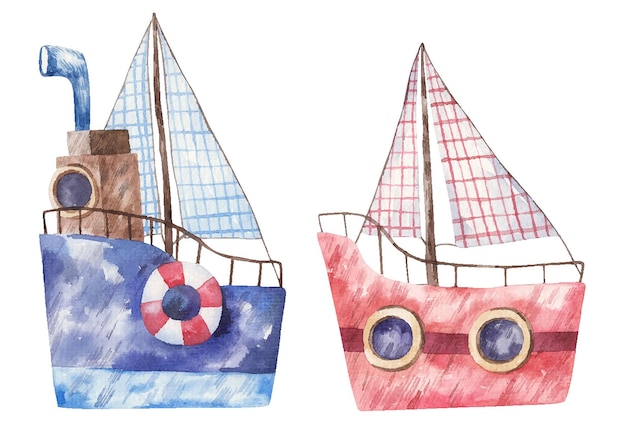 Blue and red ship with sail, childrens cute watercolor illustration on white background