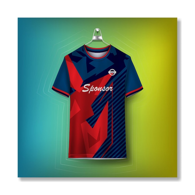 A blue and red shirt with the word sponsor on it