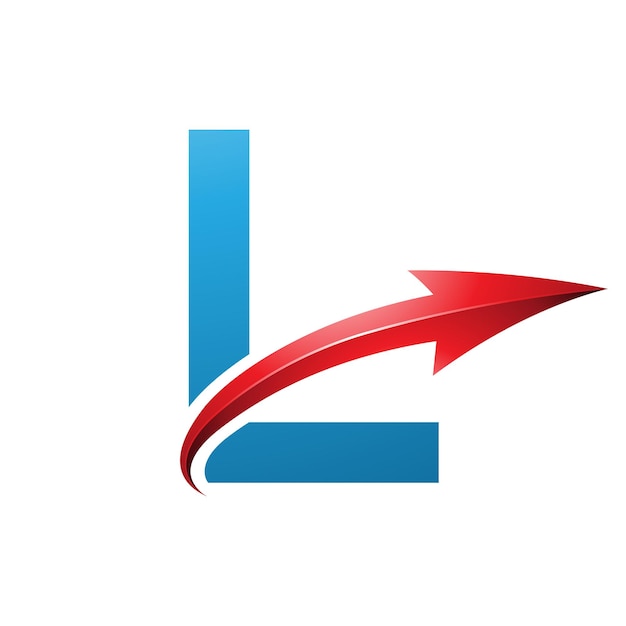 Blue and red uppercase letter l icon with a glossy arrow on a white background