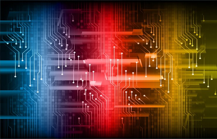 Vector blue red yellow cyber circuit future technology concept background