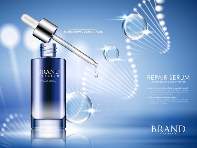 Vector blue repair serum with helical structure and water drops,  illustration