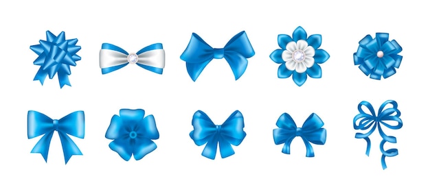 Vector blue ribbon bows silk satin gift bows realistic gift tiebow for christmas birthday holidays