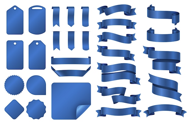 블루 리본. 실크 리본 배너 및 가격표 배지 벡터 세트 포장