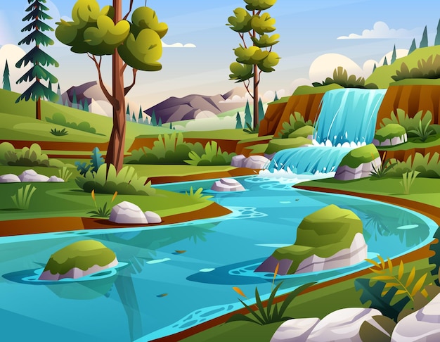 Vector blue river in forest with mountains landscape background illustration