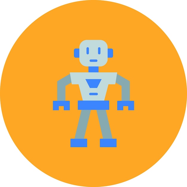 A blue robot with a white body and an orange background