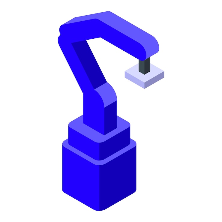 Vector blue robotic arm picking object from conveyor belt