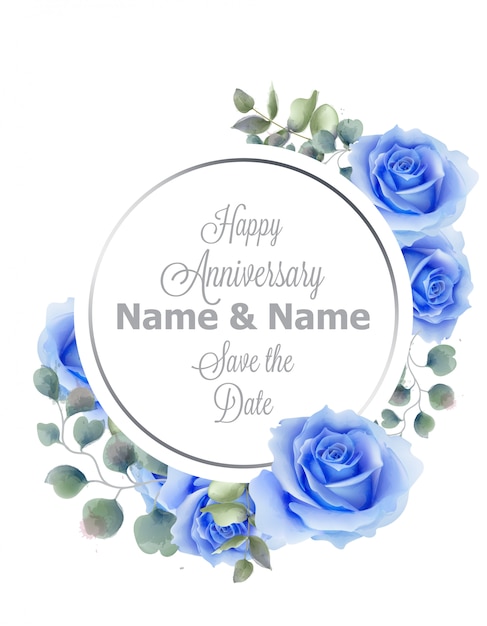 Blue roses flowers watercolor round frame card