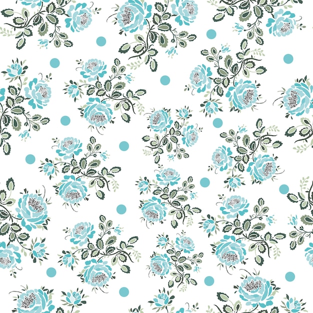 Vector blue roses with dots seamless pattern