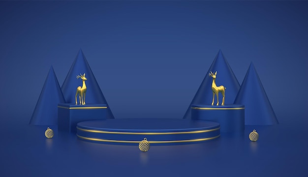 Blue round and cube podium. Christmas Scene and 3D platform with gold deers, balls and pine cone trees on blue background. Blank Pedestal concept. Advertising design. Show and sale template. Vector.