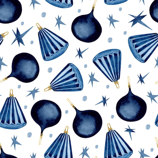 Blue rustic Christmas ornaments with stars watercolor seamless pattern