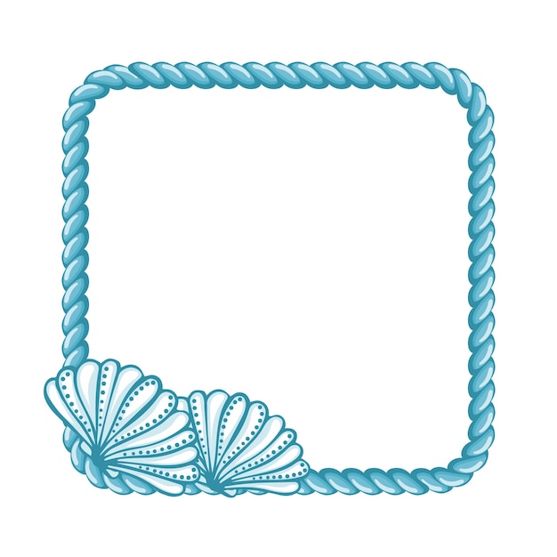 Vector blue sailor rope with hand drawn seashells isolated on white background marine background frame