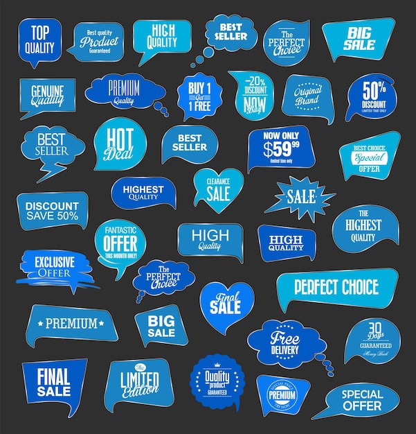 Blue sale stickers on black background illustration collection