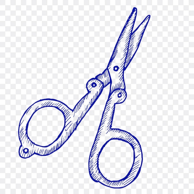 A blue scissors drawing with a black outline.