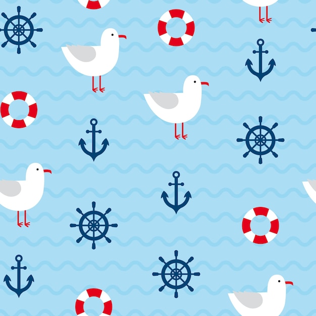 Vector blue sea background with seagulls steering wheel anchor and lifeguard circle