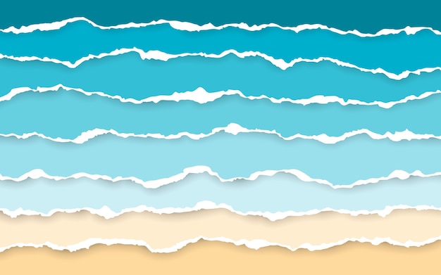 Blue sea and beach  Torn paper stripes. Ripped squared horizontal paper strips.