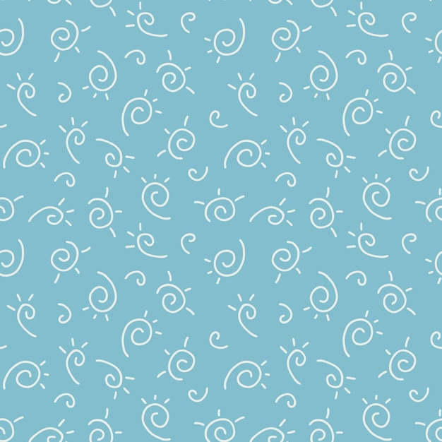 Vector blue seamless doodle pattern with spirals and rays