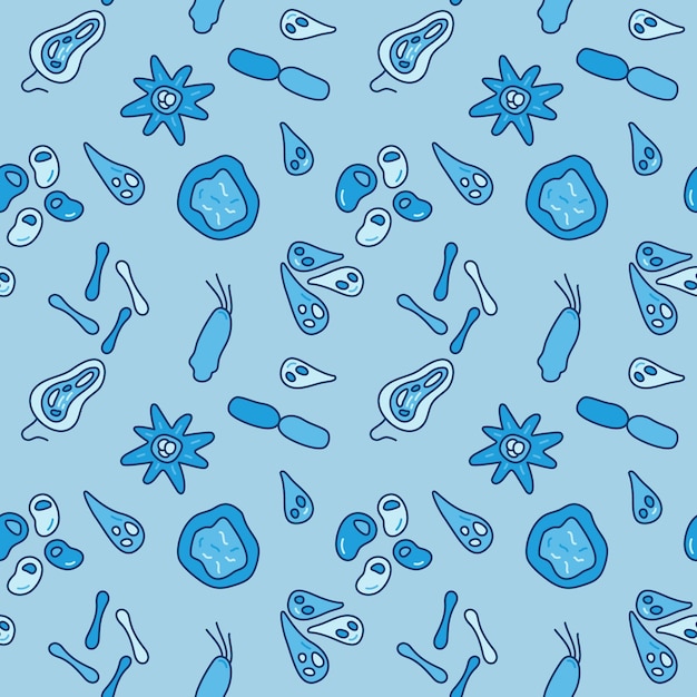 Blue Seamless pattern with Bacteria and Microbes concept vector creative signs