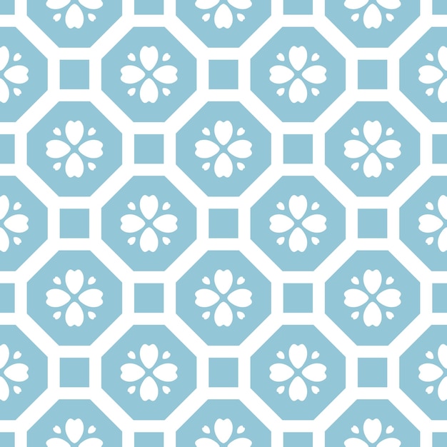 Vector blue seamless pattern with geometric shapes and flowers