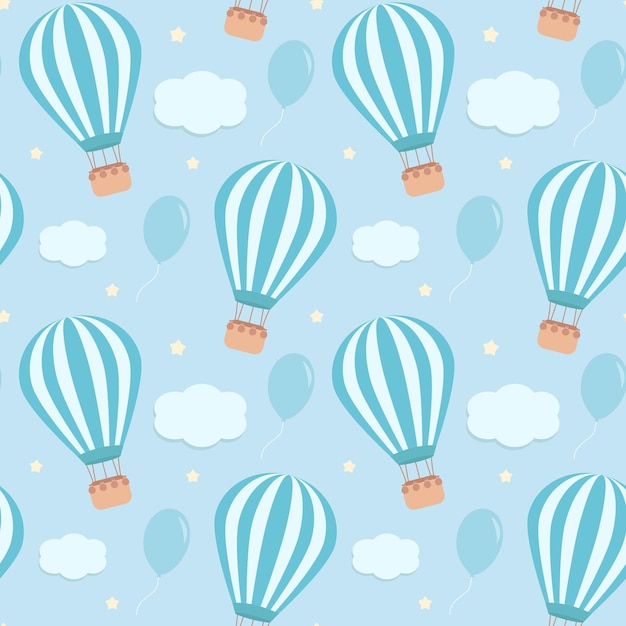 Blue seamless pattern with hot air balloons