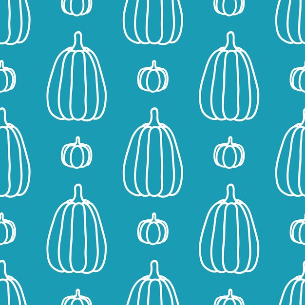 Vector blue seamless pattern with outline pumpkins