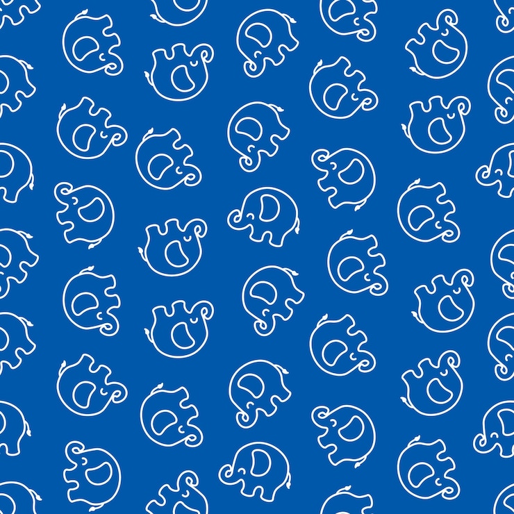Vector blue seamless pattern with white outline elephants