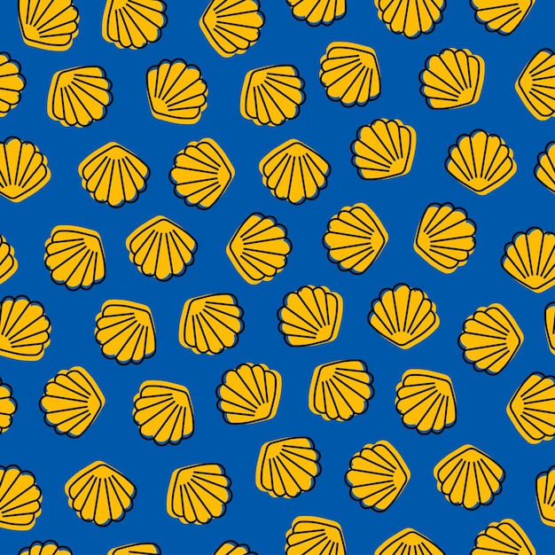 黄色の貝殻と青のシームレスなパターン。