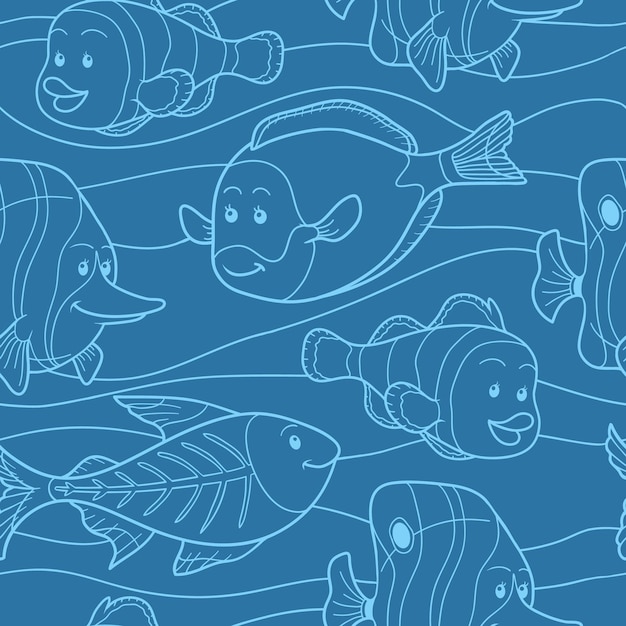 Синий бесшовный векторный рисунок с рыбой