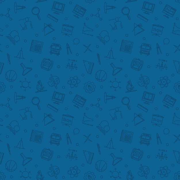 Vector blue seamless vector pattern with school outline icons