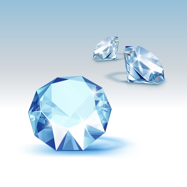 Diamanti trasparenti lucidi blu close up isolato su sfondo