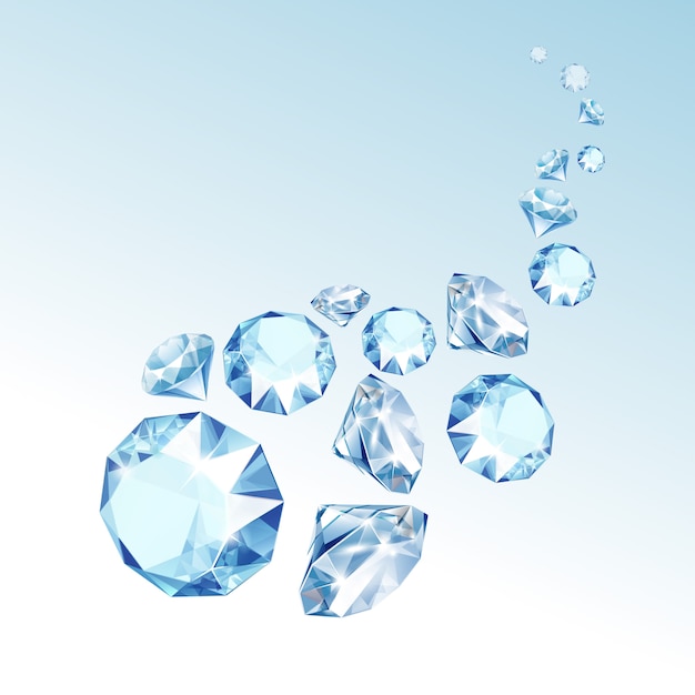 Vector blue shiny clear diamonds fall down close up isolated on  background