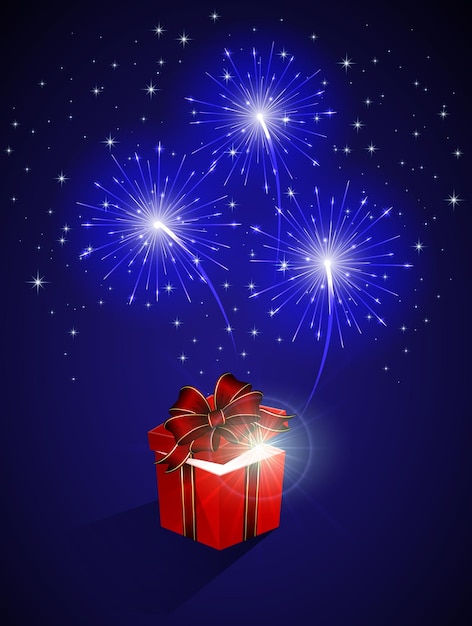 Blue shiny fireworks and gift box, illustration.