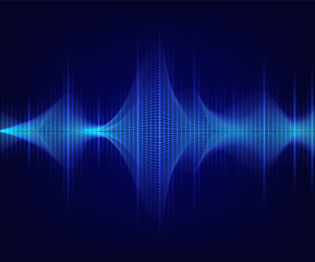 Vector blue shiny sound wave on dark background.