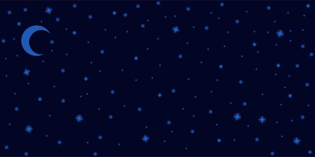 Blue shiny stars and month on black background copy space