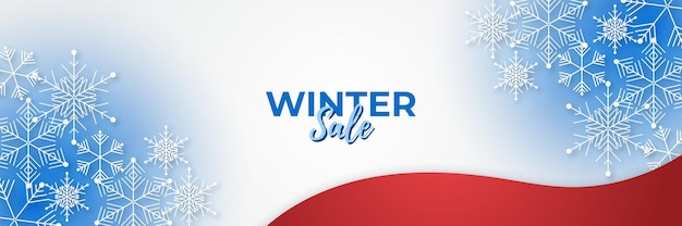 Blue shiny winter christmas sale banner with snow, palm tree, snowflake, and mountain.
